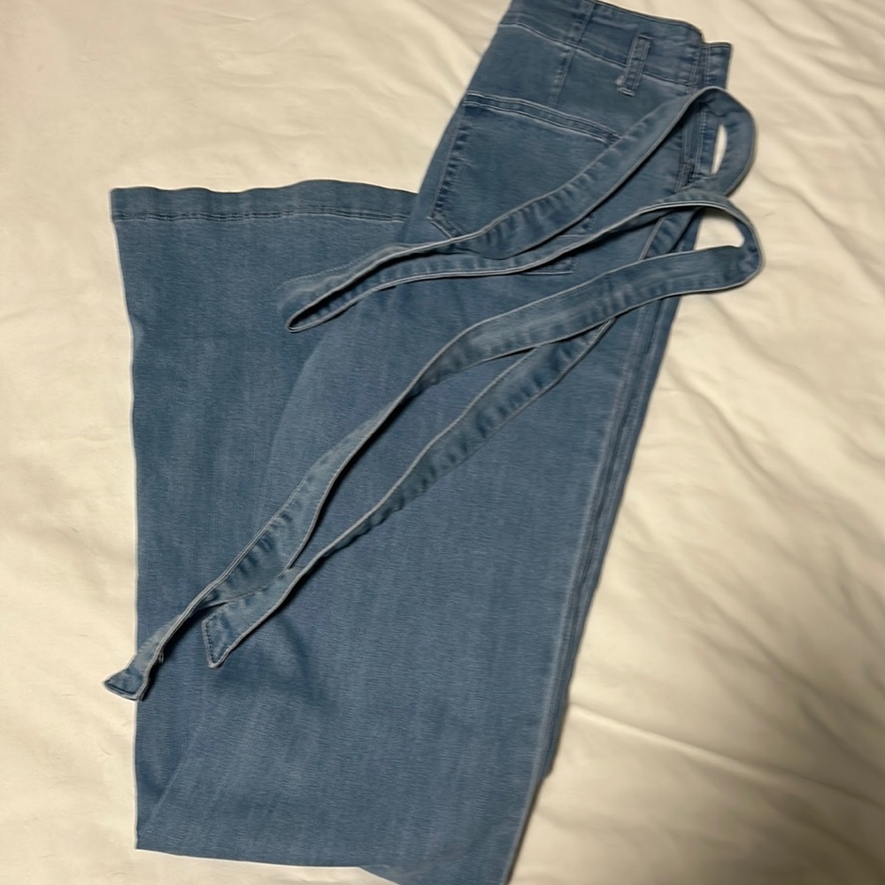 Belted denim flare jeans